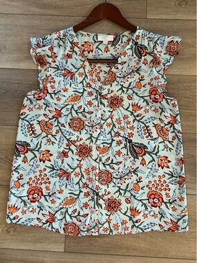 LOFT Outlet Petite Sage Floral Short Sleeve Blouse Top MP